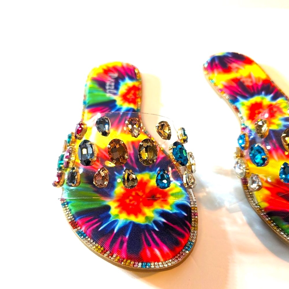 * Pazzle Colorful Tie Dye Rhinestone Trim Flat Sandals - Picture 6 of 8